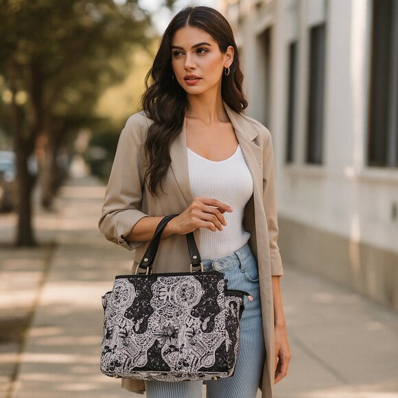 4-Pcs Printed Fabric Bag Combo Set –Satchel Bag, Phone Wallet, Wristlet & Pouch - Picture 3 of 8